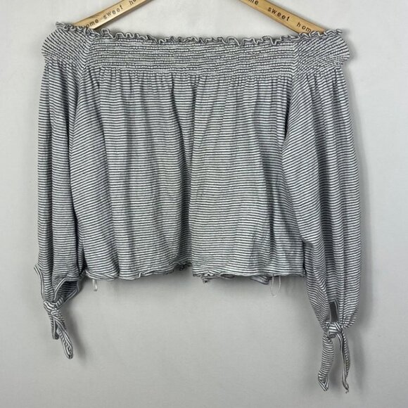 Free People Lexington Striped Off‎ Shoulder Top Size XS Black White Tie Sleeve - Picture 8 of 11